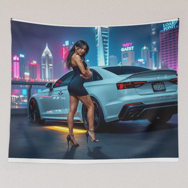 Item preview, A beautiful woman in a black mini dress poses in front of an Audi RS designed and sold by Salimgor Hangaround Music.