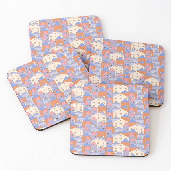 Item preview, Small, pastel houses. Blue, orange, lilac, pastel navy blue. designed and sold by My-fake-places.