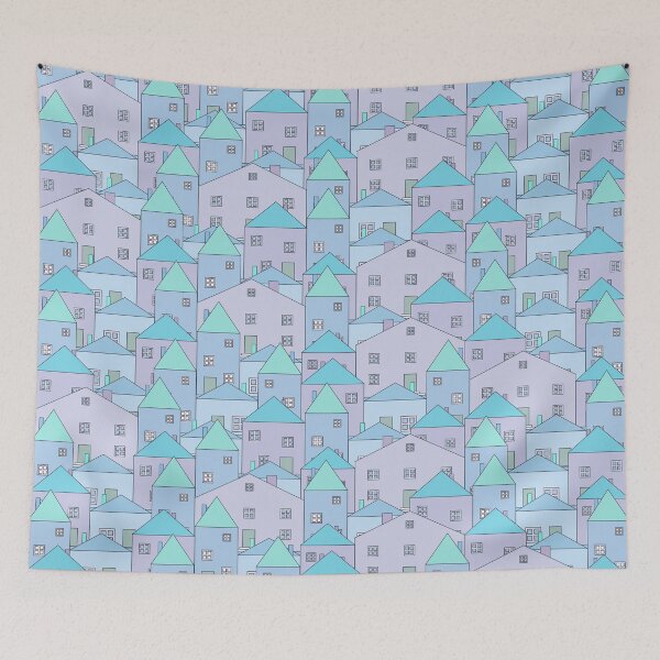 Item preview, Small, pastel houses. Blue, sky blue, pastel navy blue. designed and sold by My-fake-places.
