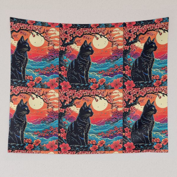 Item preview, Cat with sakura petals, sunset background. designed and sold by Catophile.