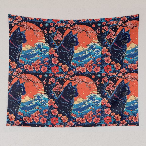 Item preview, Cat with a sakura sunset .japanese art e-ukiyo designed and sold by Catophile.