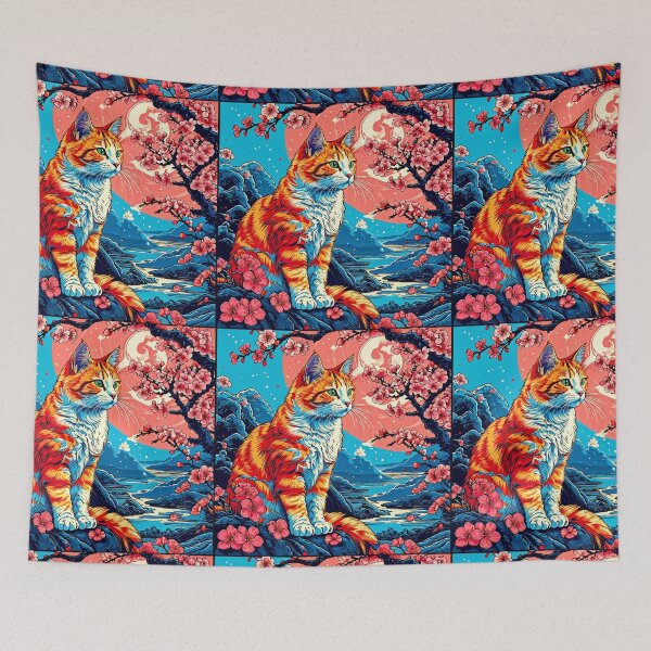 Item preview, Illustration of a cat under cherry blossoms at sunset. designed and sold by Catophile.