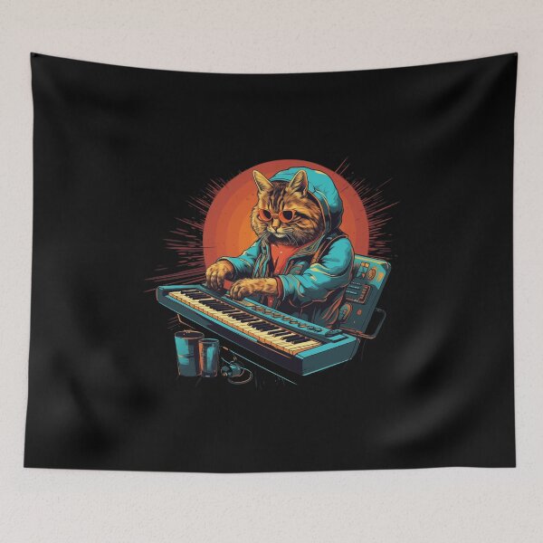Item preview, Cat with glasses playing the synthesizer designed and sold by TeeTemptation.