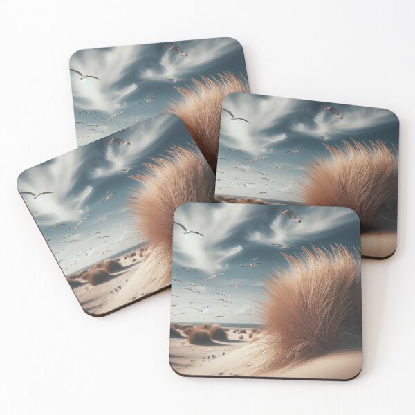 Item preview, Peaceful dune landscape: tufts of grass and seagulls in the sky above a quiet beach designed and sold by FotoworldEdel.