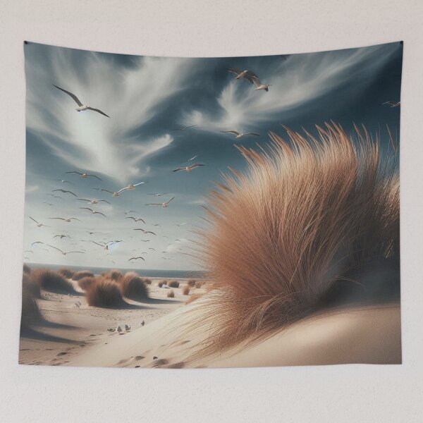 Item preview, Peaceful dune landscape: tufts of grass and seagulls in the sky above a quiet beach designed and sold by FotoworldEdel.