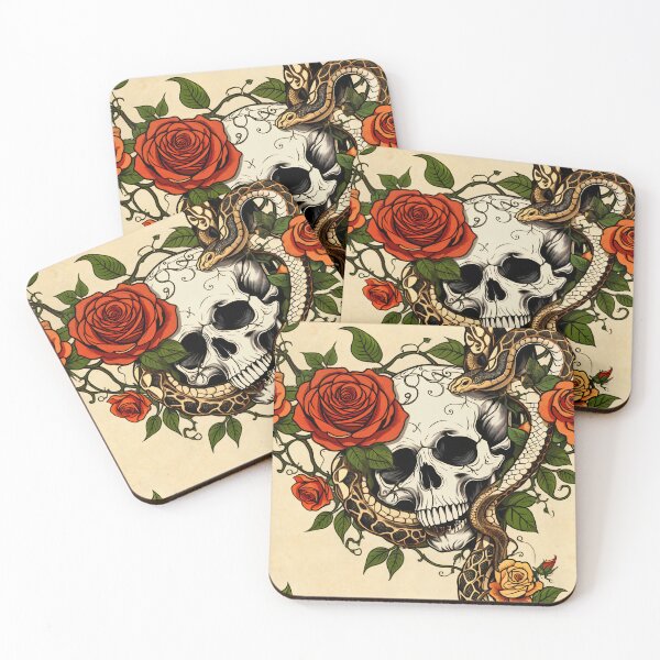 Aperçu de l'œuvre Serpent et crâne avec roses – Tatouage gothique créée et vendue par MindM.