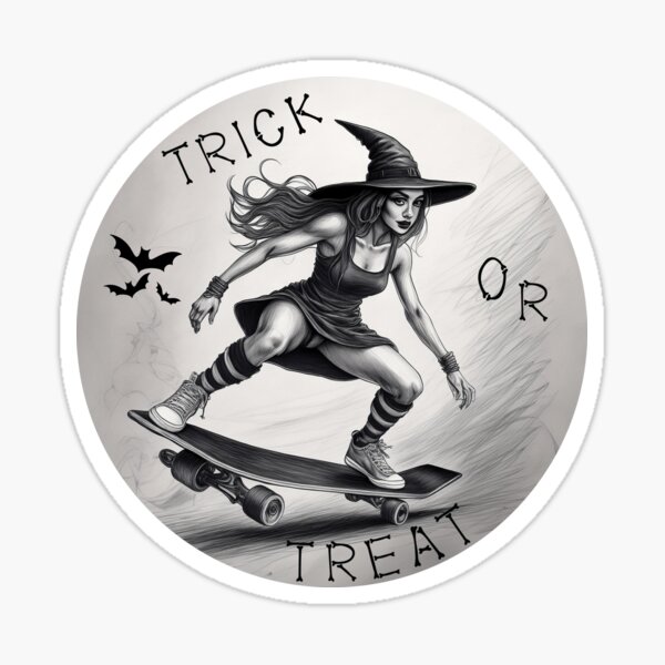 Copy of Cute Halloween Horror Trick or Treat Witch on a Skateboard Sticker