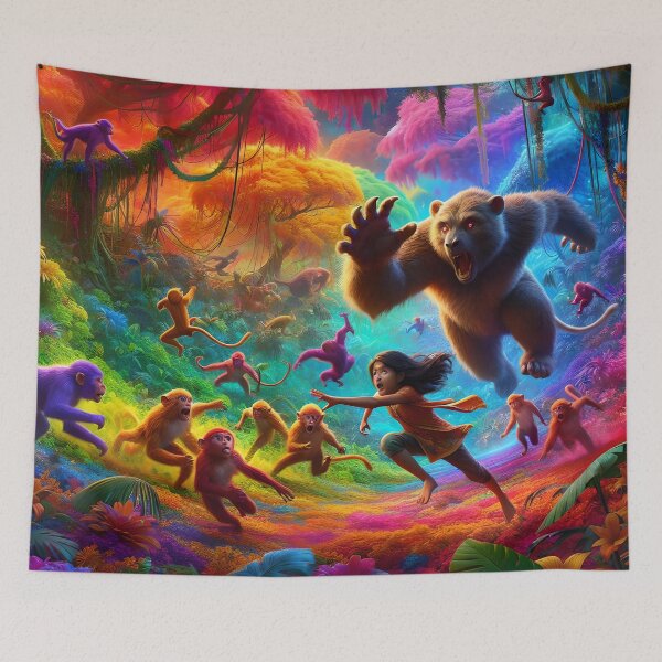 Item preview, Monkeys Chasing a Child in a Colorful Jungle designed and sold by koreatvtea.