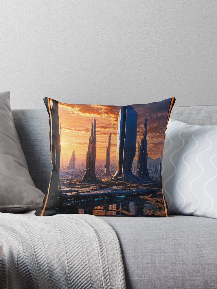 The Majestic Towers of The Belcrest Metropolis Of Xylophia-IV Captivating AI Concept Art by Xzendor7 Decorative Art Print Throw Pillow
