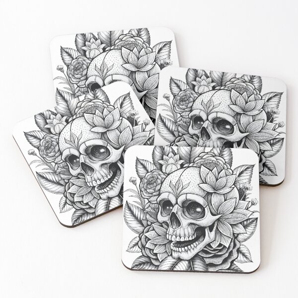 Item preview, Skull Floral Motif Black White Artistic Design Roses Leaves Details designed and sold by Rostislav Bouda.