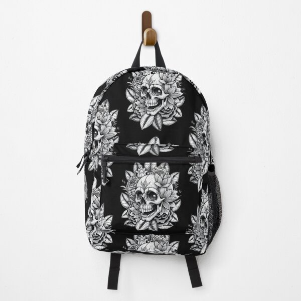 Item preview, Skull Floral Motif Black White Artistic Design Roses Leaves Details designed and sold by Rostislav Bouda.