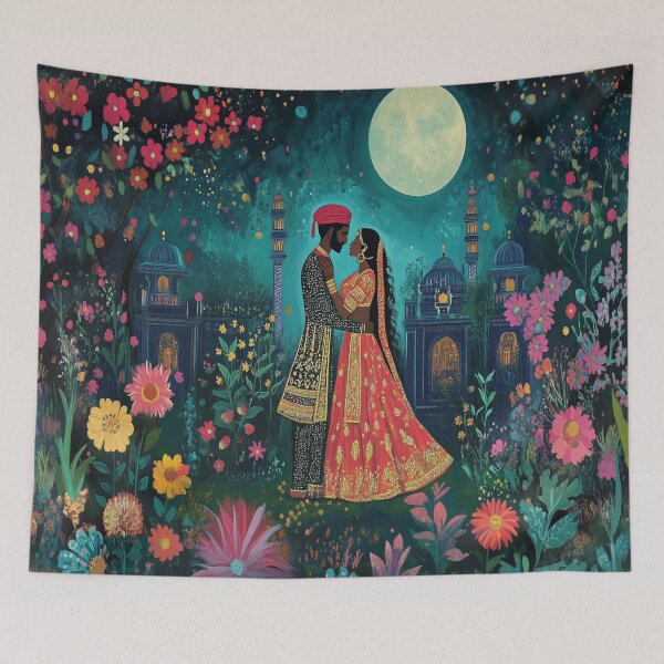 Item preview, Indian Couple embracing under the moon in a garden designed and sold by BeatnikBuddha.