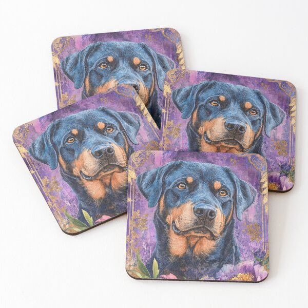 Item preview, Rottweiler dog into pink flowers retro artwork designed and sold by WallyPink.