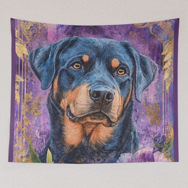 Item preview, Rottweiler dog into pink flowers retro artwork designed and sold by WallyPink.