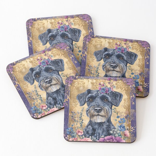 Item preview, Standard Schnauzer dog into pink flowers retro artwork designed and sold by WallyPink.