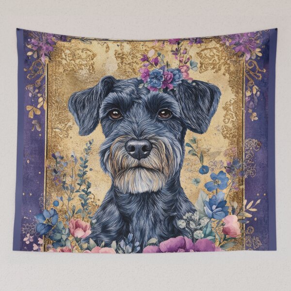 Item preview, Standard Schnauzer dog into pink flowers retro artwork designed and sold by WallyPink.