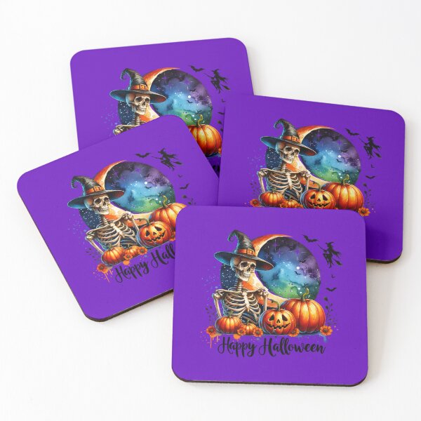 Item preview, "Full Moon Frights – Watercolor Skeleton & Pumpkin Patch 'Happy Halloween' Scene" designed and sold by artedigital99.