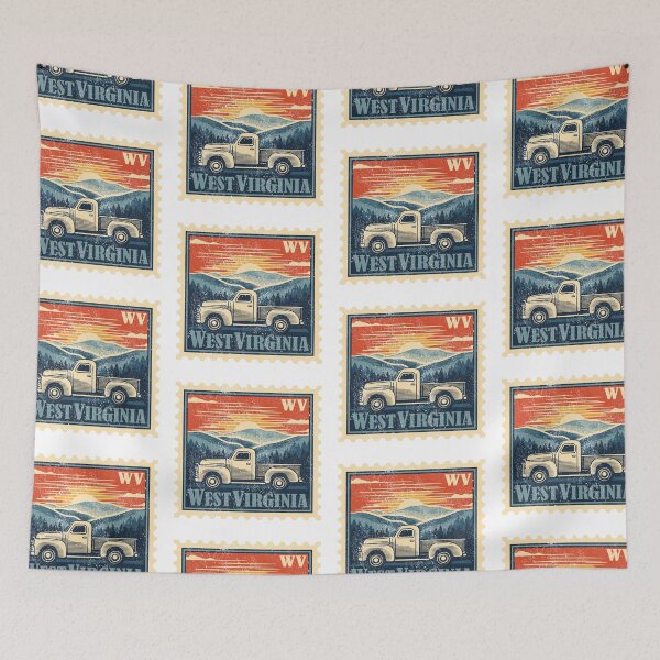 Artikelvorschau, West Virginia Berge mit Pickup Truck Vintage Briefmarke entworfen und verkauft von Automotive Art by Greg.
