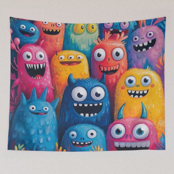 Item preview, A vibrant and colorful illustration of an array of cute, friendly monsters Desing with big eyes and wide smiles in various shades of blue, pink, orange, yellow, green, purple, and red .  designed and sold by HEMRO.