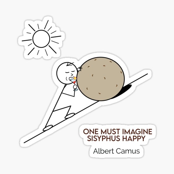 Aperçu de l'œuvre Il faut imaginer Sisyphe heureux de boire un cocktail Dessins animés philosophiques créée et vendue par JoyfulSisyphus.