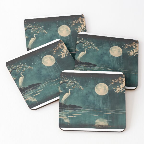 Item preview, White crane standing on riverbank, night time, moon light designed and sold by Richenda.