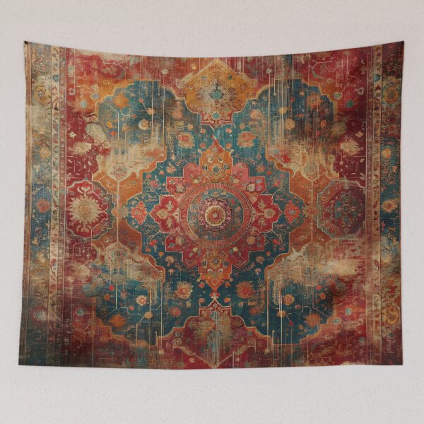 Item preview, Boho Distressed Luxe: Red and Blue Oriental Rug with Vintage Charm designed and sold by Octavia Soldani.