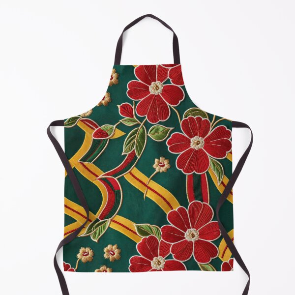 Item preview, Vibrant Red Floral Embroidery on Green and Gold Pattern Design designed and sold by MindM.