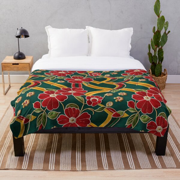 Artikelvorschau, Kräftige rote Blumenstickerei auf grünem und goldenem Musterdesign entworfen und verkauft von MindM.