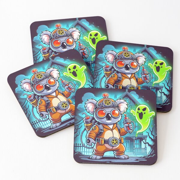 Item preview, Koala Ghostbuster with Gadgets Battling a Green Ghost in Front of a Spooky Haunted House designed and sold by Koalangel.