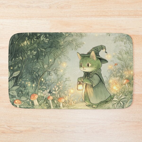 Item preview, e: Enchanted Green Cat in Fantasy Forest designed and sold by AI Gizmo.