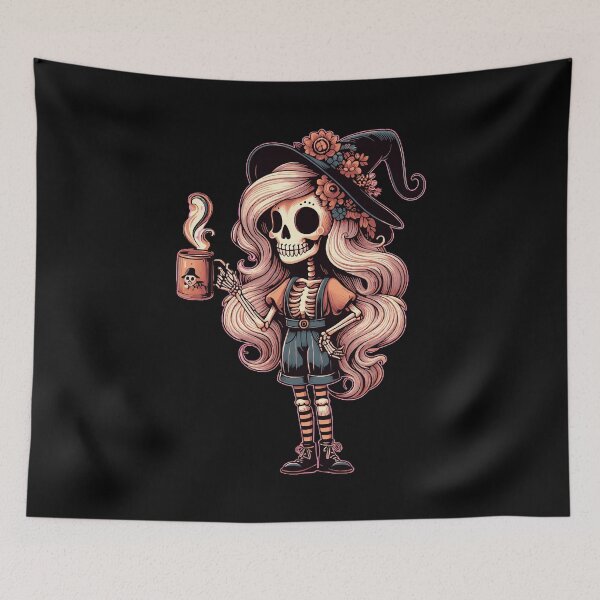 Item preview, Spooky Skeleton with Witch Hat Enjoying Coffee - Halloween Design designed and sold by Tw1nsAIArt.