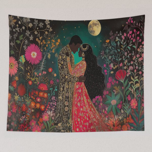Item preview, Indian Couple under moonlight surrounded by flowers designed and sold by BeatnikBuddha.