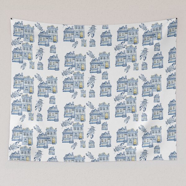 Item preview, Blue houses and cicadas. designed and sold by OksArt22.