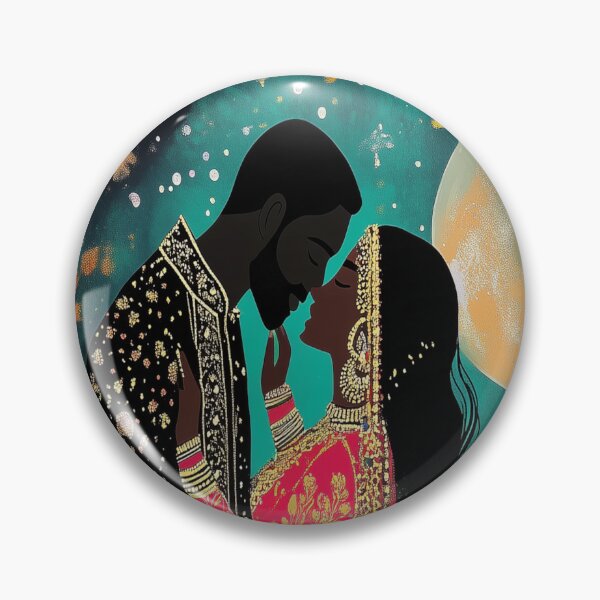 Item preview, Indian Couple surrounded by beautiful floral blooms under a large full moon designed and sold by BeatnikBuddha.