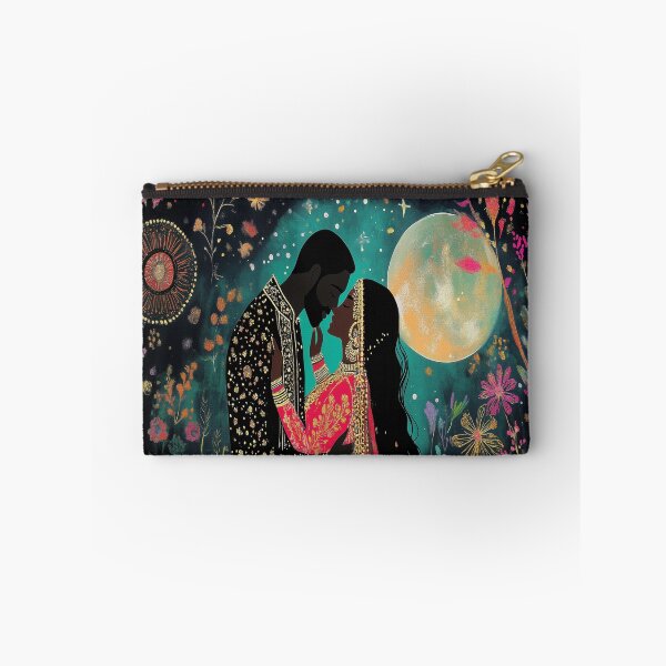 Item preview, Indian Couple surrounded by beautiful floral blooms under a large full moon designed and sold by BeatnikBuddha.