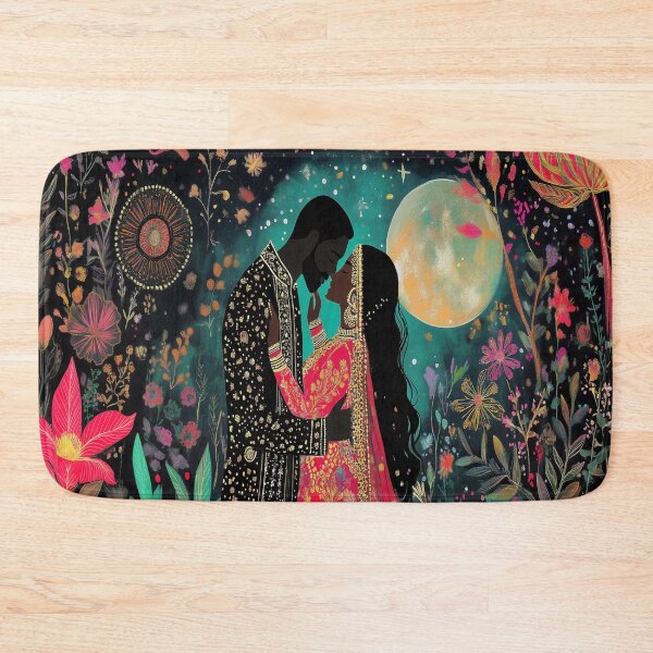 Item preview, Indian Couple surrounded by beautiful floral blooms under a large full moon designed and sold by BeatnikBuddha.