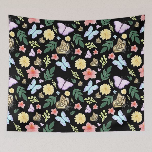 Item preview, Different butterflies species pink and yellow wild flowers garden - black fairy dark florals night  designed and sold by Fantasy Cache.