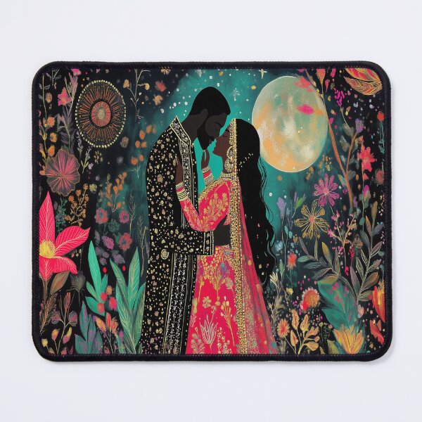 Item preview, Indian Couple surrounded by beautiful floral blooms under a large full moon designed and sold by BeatnikBuddha.