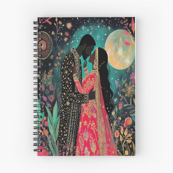 Item preview, Indian Couple surrounded by beautiful floral blooms under a large full moon designed and sold by BeatnikBuddha.