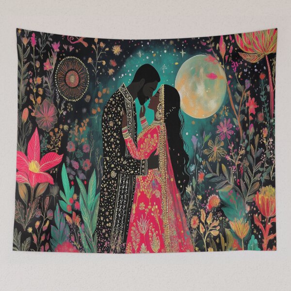 Item preview, Indian Couple surrounded by beautiful floral blooms under a large full moon designed and sold by BeatnikBuddha.