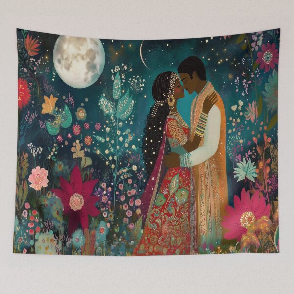 Item preview, Dark-skinned Indian couple embrace in a floral asian garden  designed and sold by BeatnikBuddha.