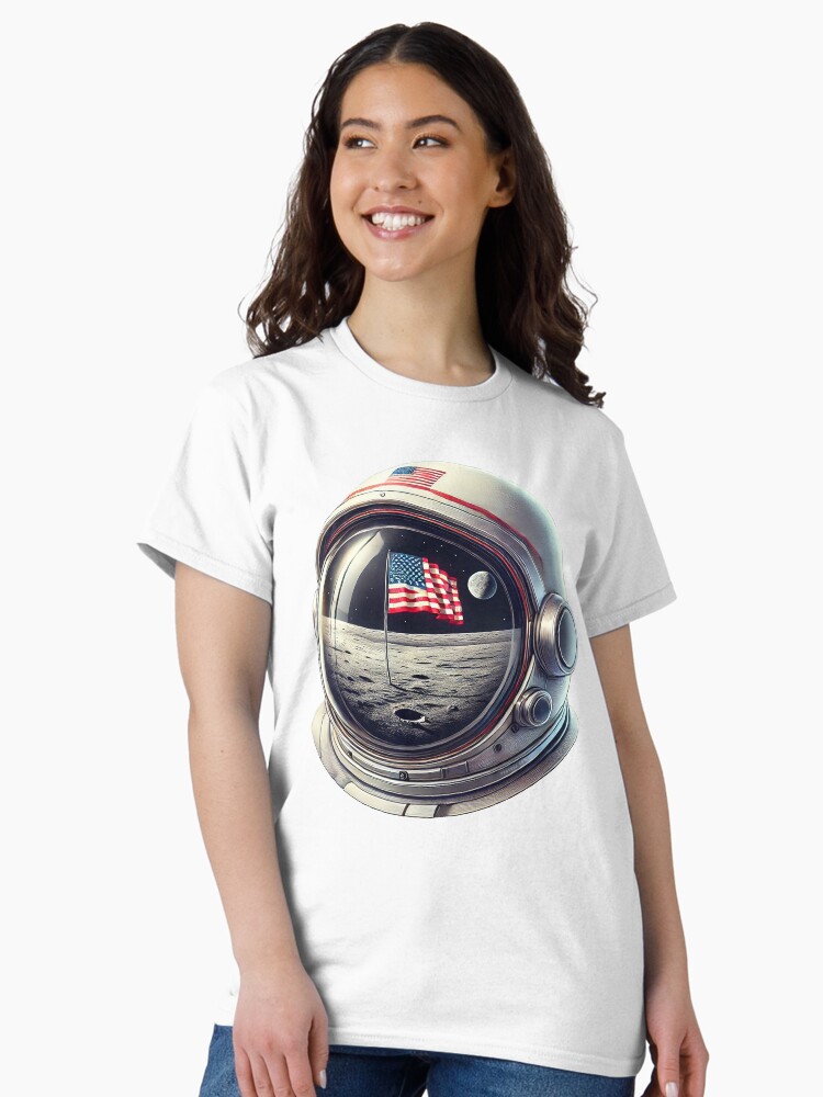 Thumbnail 2 of 7, Classic T-Shirt, Astronaut Helmet Moon USA Flag designed and sold by zeeteezofficial.