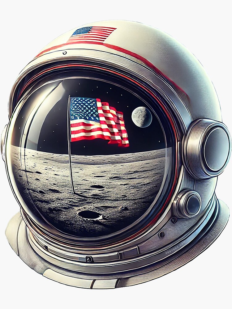 Thumbnail 3 of 3, Sticker, Astronaut Helmet Moon USA Flag designed and sold by zeeteezofficial.