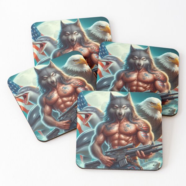 Item preview, "Armed Werewolf with Eagle and Dolphin - Gothic Patriot Rock'n'Roll 3D Art | Posters & Prints on Redbubble designed and sold by atikus.