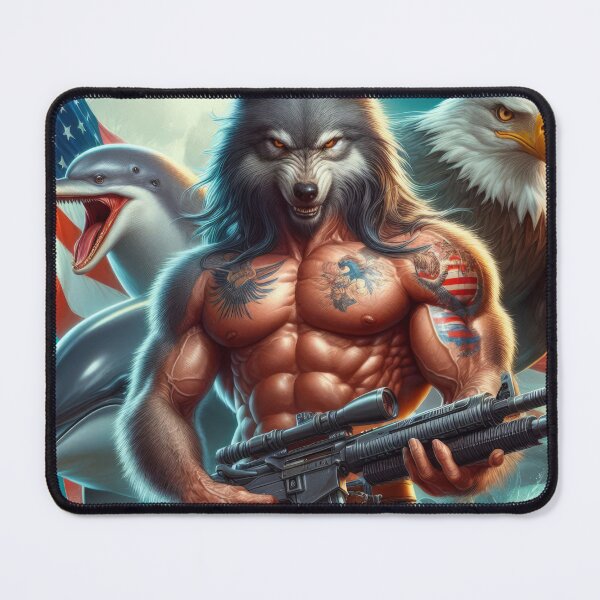 Item preview, "Armed Werewolf with Eagle and Dolphin - Gothic Patriot Rock'n'Roll 3D Art | Posters & Prints on Redbubble designed and sold by atikus.