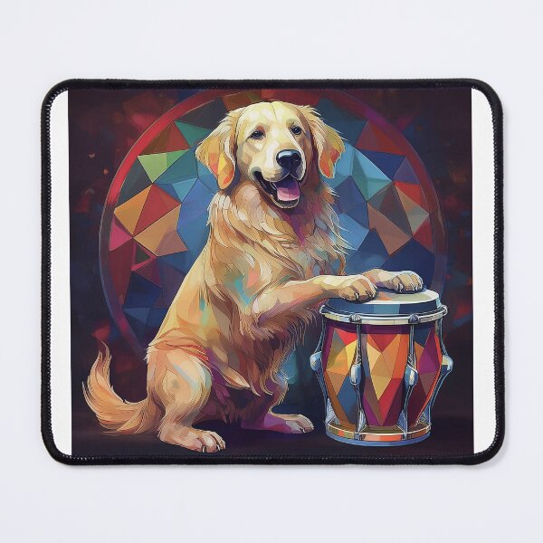 Item preview, happy golden retriever dog playing bongo drum designed and sold by planetgolden.