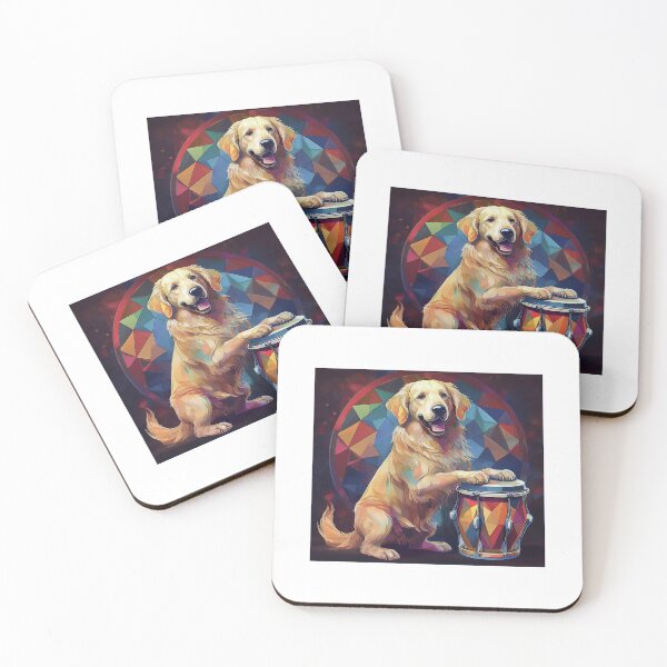 Item preview, happy golden retriever dog playing bongo drum designed and sold by planetgolden.