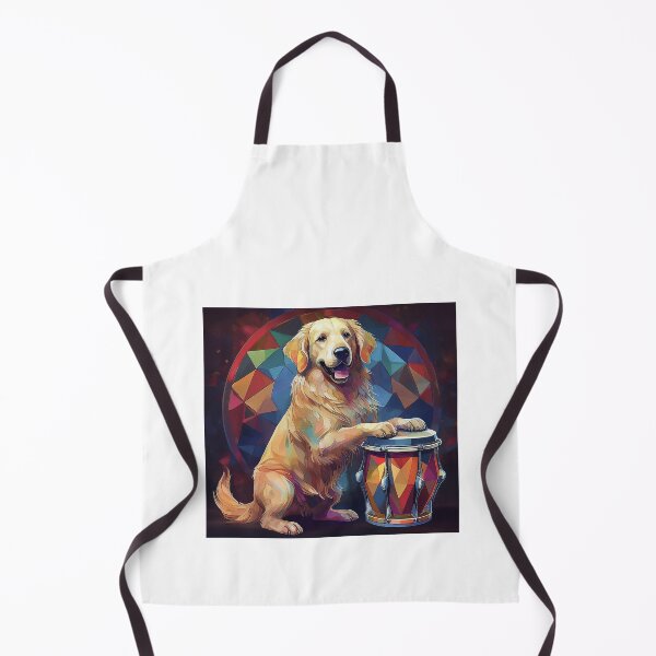 Item preview, happy golden retriever dog playing bongo drum designed and sold by planetgolden.