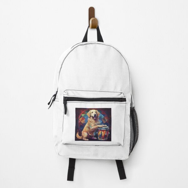 Item preview, happy golden retriever dog playing bongo drum designed and sold by planetgolden.