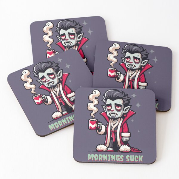 Item preview, Mornings Suck - A tired vampire in his dressing gown and fluffy slippers holding his morning coffee designed and sold by geetarv.